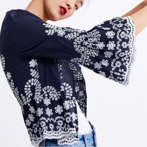Zara Women Jacket XS Embroidered Crochet Eyelet Lace Navy Blue White Artsy